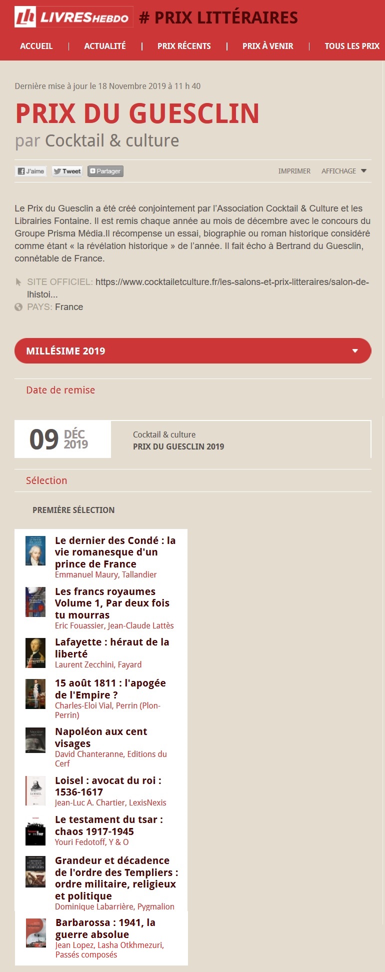 Article Livres Hebdo Finalistes Prix du Guesclin 2019