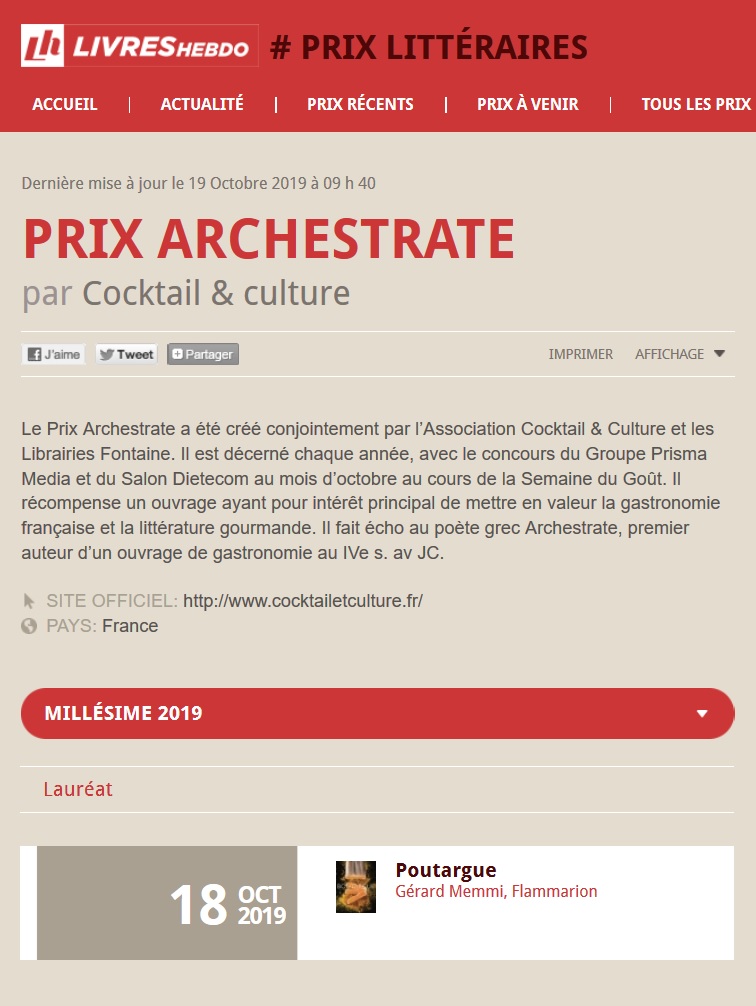 Article Livres Hebdo Prix Archestrate 2019