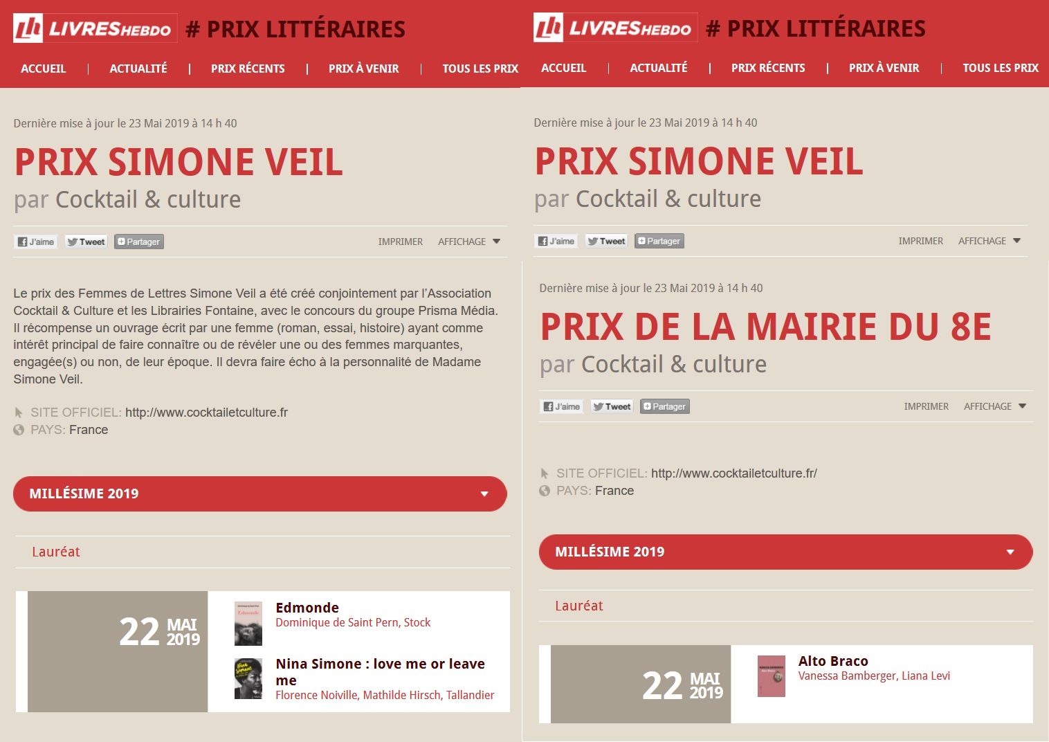 Article Livres Hebdo Prix Simone Veil 2019 résultats