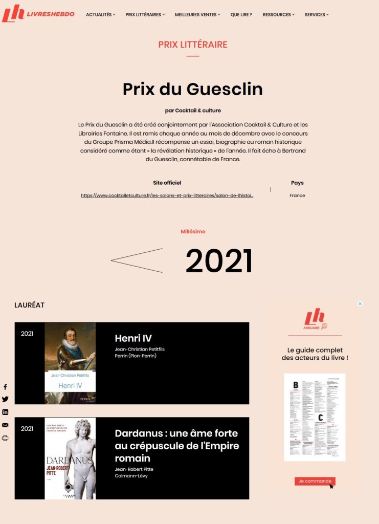 Article Livres Hebdo Résultats Prix du Guesclin 2021