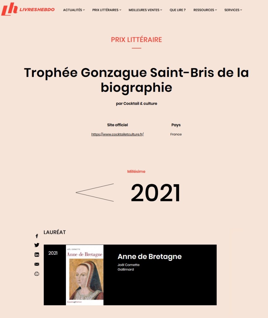 Article Livres Hebdo Trophée Biographie Gonzague Saint-Bris 2021
