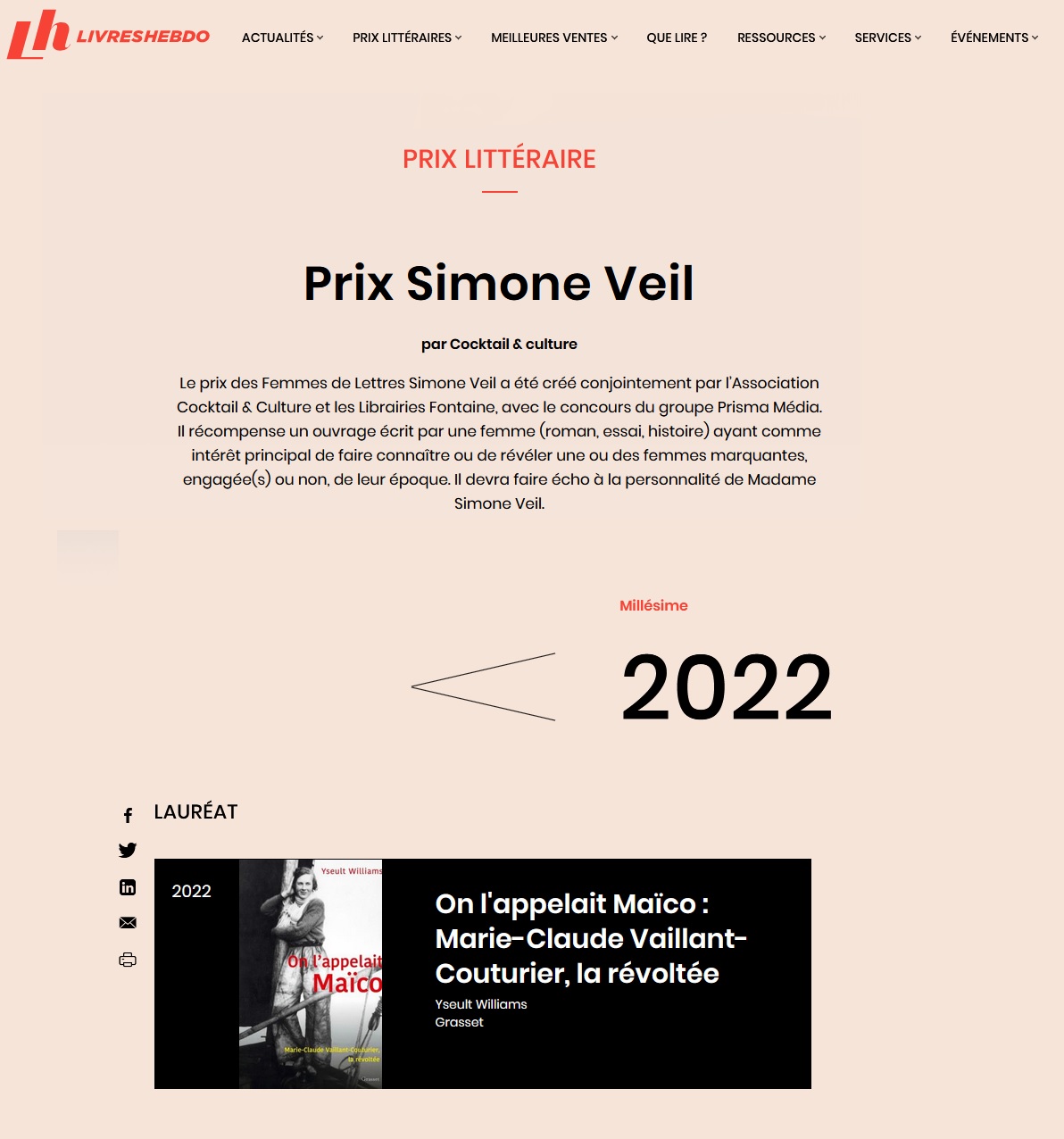 Livres Hebdo Prix Simone Veil 2022