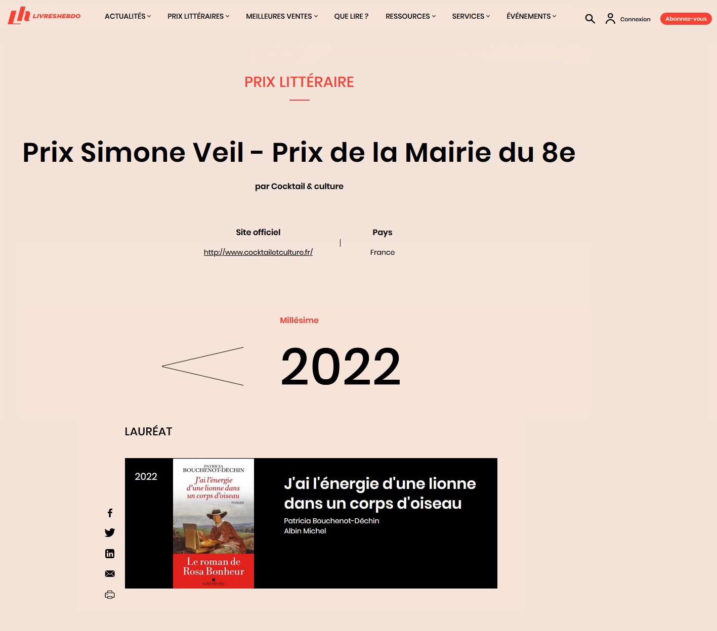 Livres Hebdo Prix Simone Veil Prix Mairie 8e 2022