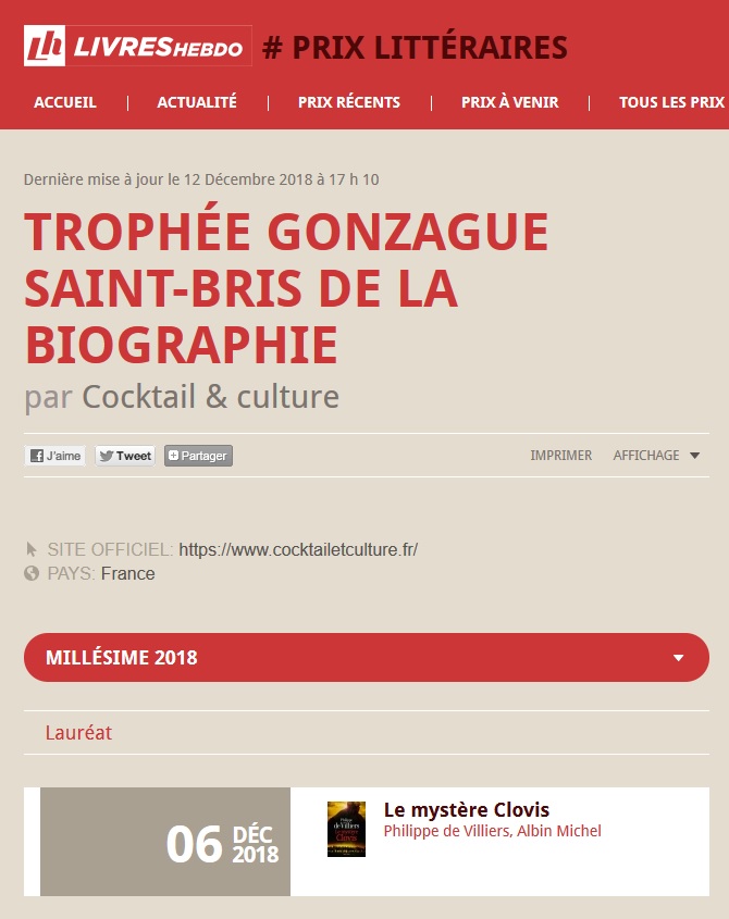 Livres Hebdo Résultats Trophée de la Biographie Gonzague Saint-Bris 2018