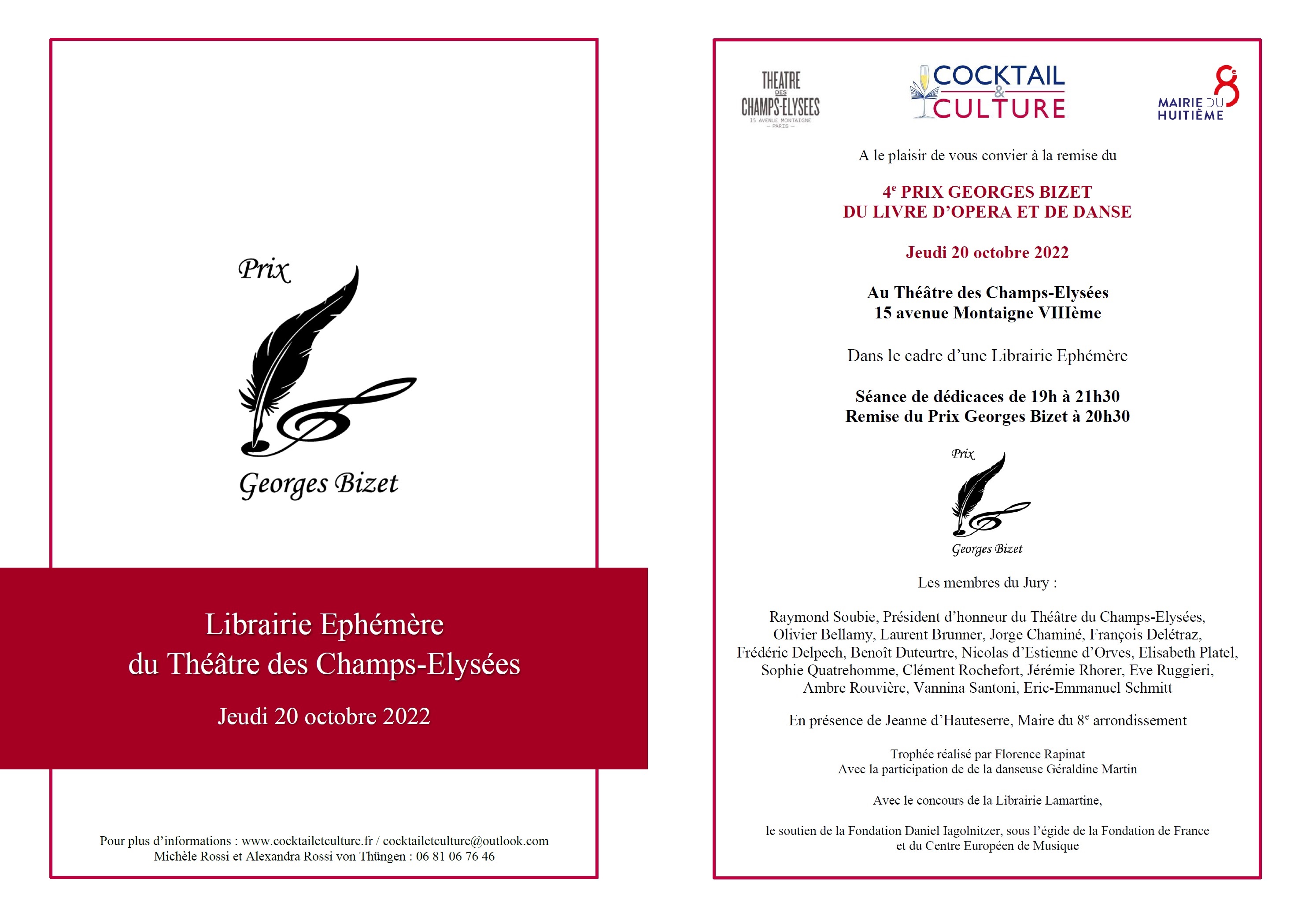 Invitation Prix Georges Bizet et Librairie Ephémère Théâtre des Champs-Elysées 2022