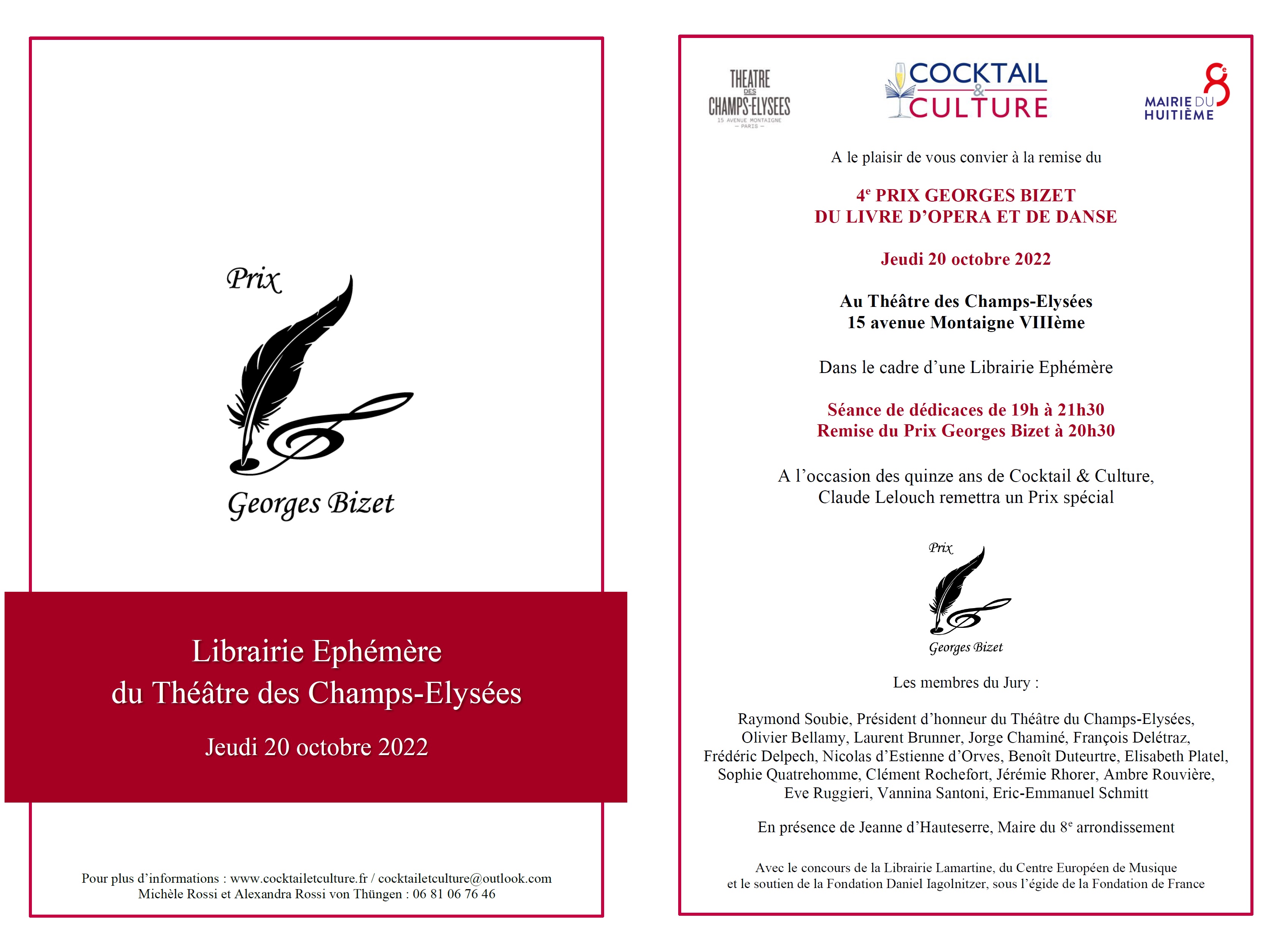 Invitation Prix Georges Bizet et Librairie Ephémère Théâtre des Champs-Elysées 2022