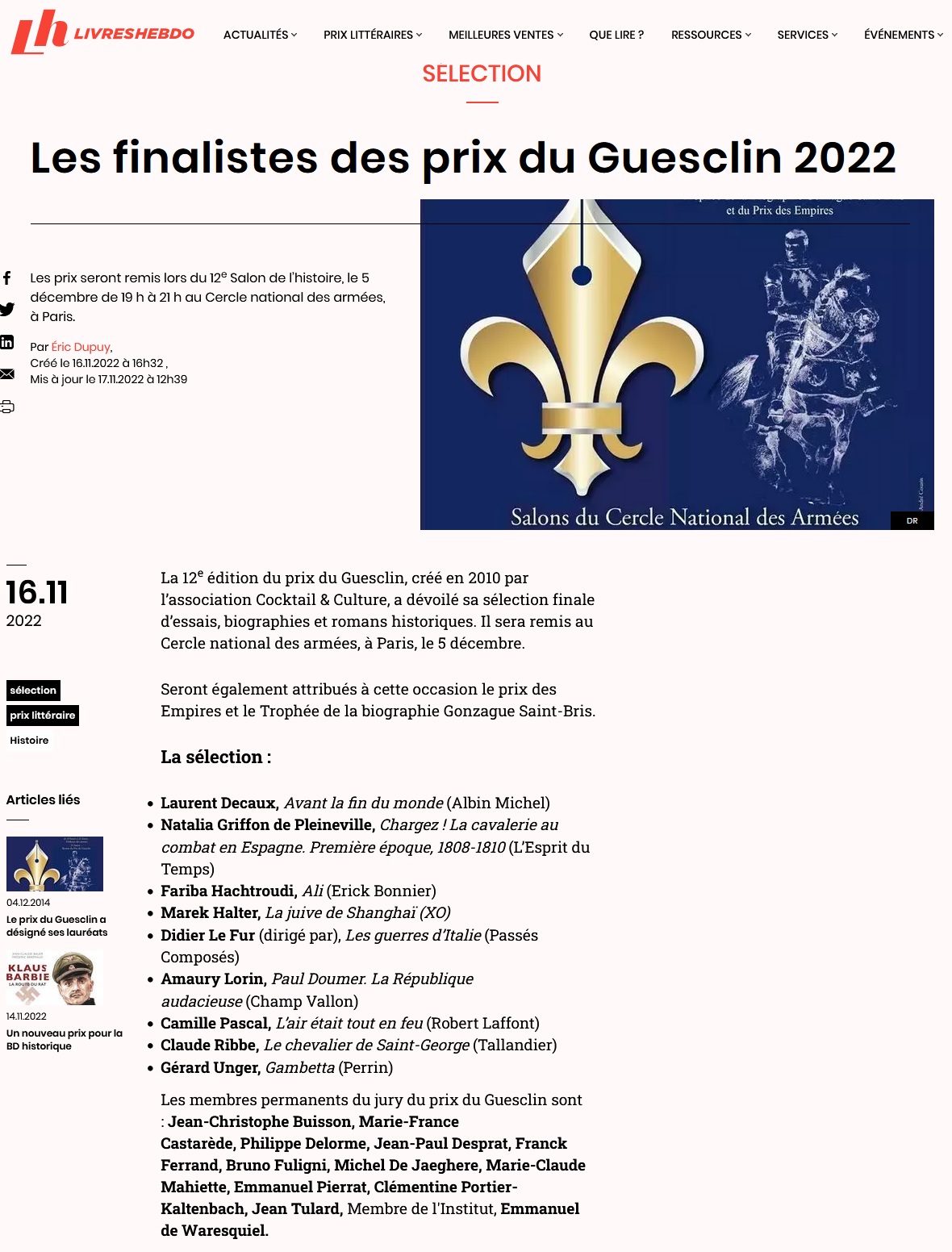 Article Livres Hebdo Finalistes Prix du Guesclin 2022