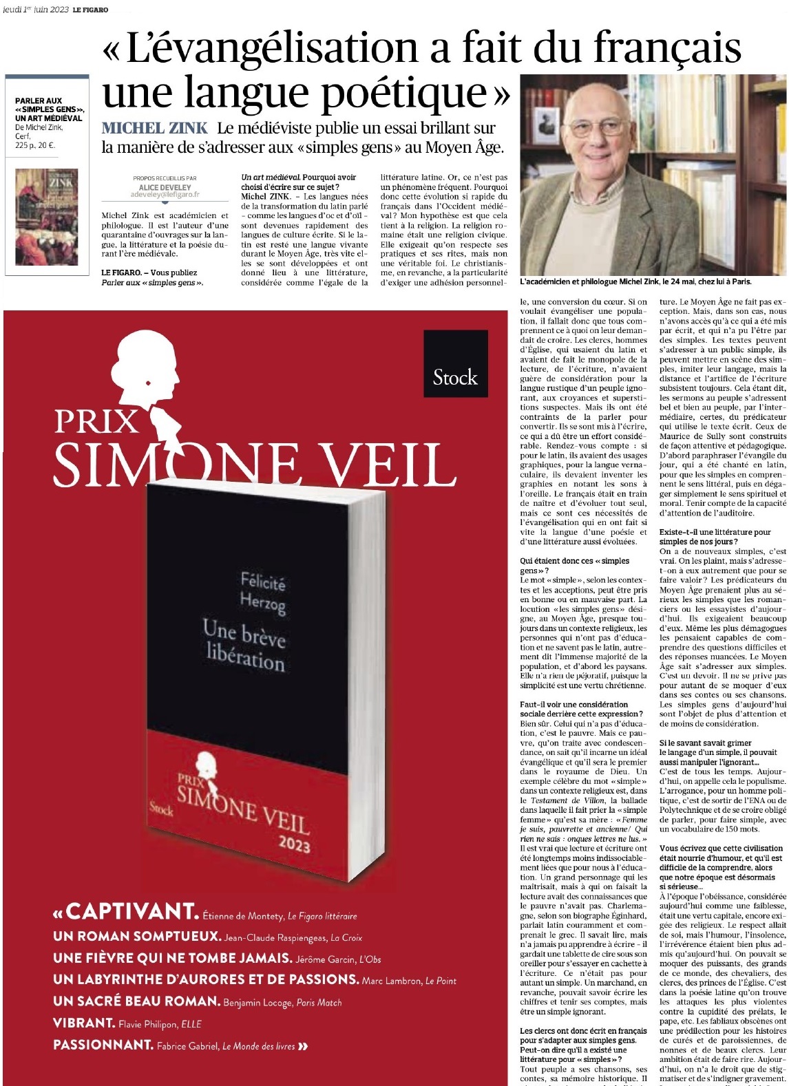 Page Figaro 1er juin 2023 Prix Simone Veil